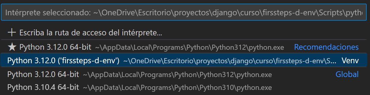 Select Python for the interpreter