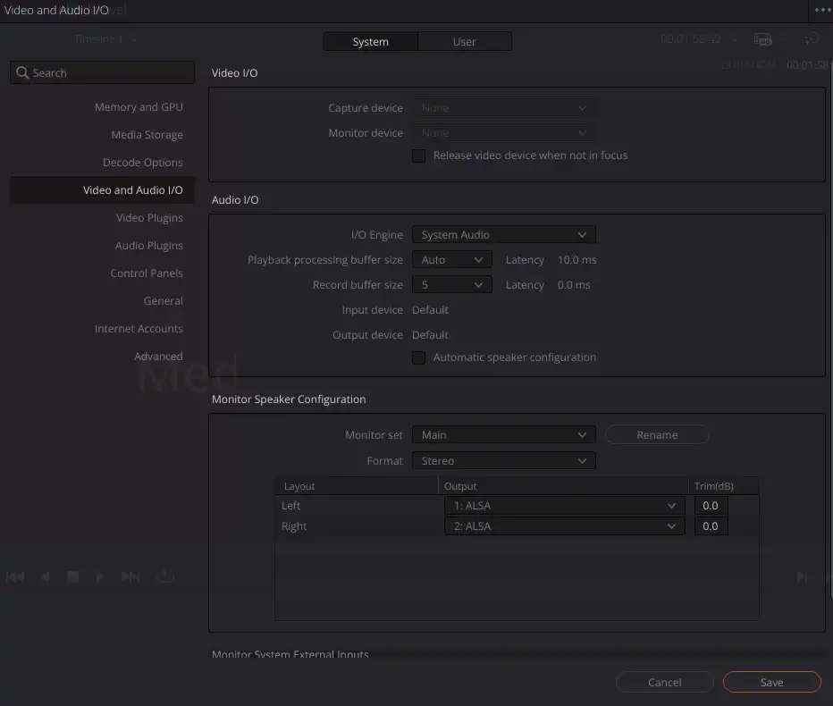 Preferences → System → Video and Audio I/O 