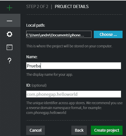 Phonegap crear proyecto datos
