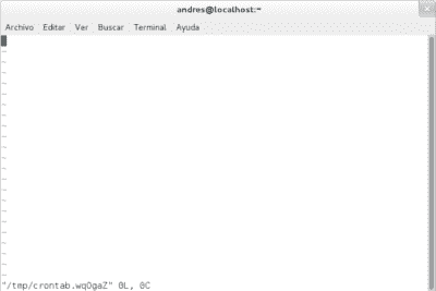 consola de linux editando crontab con vi
