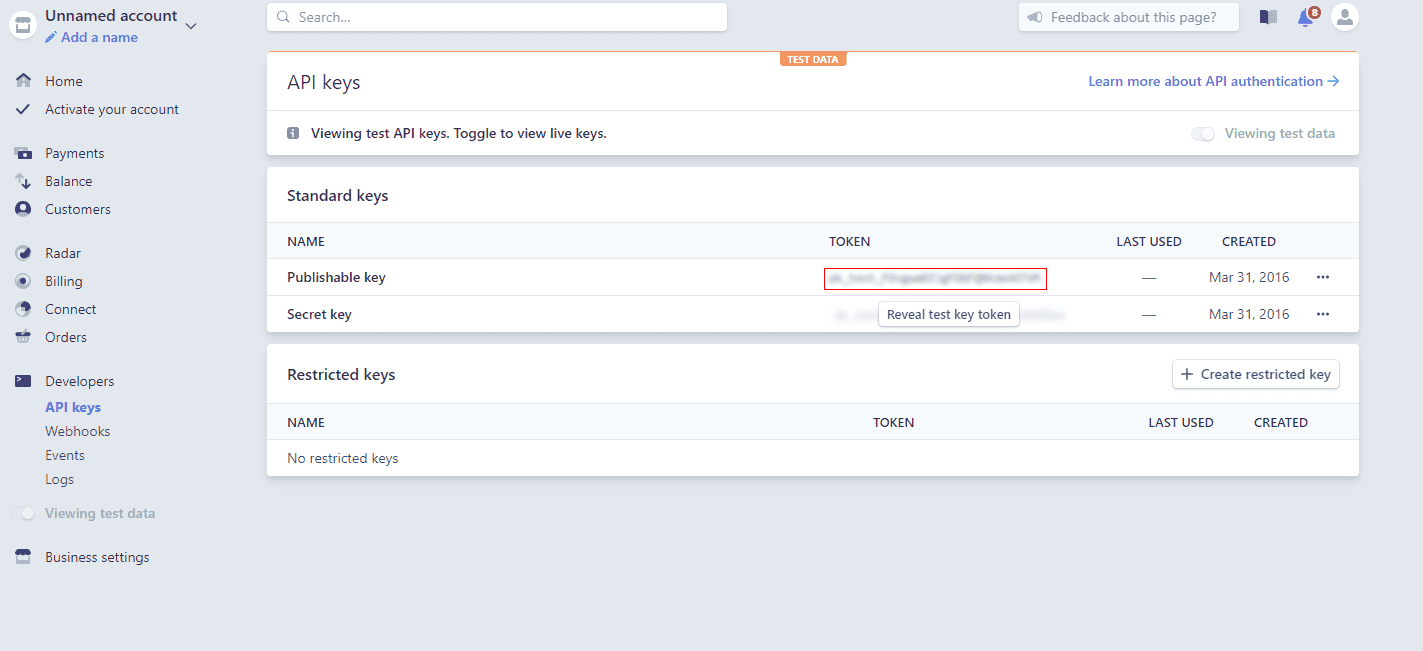 Panel Stripe developer API Panel Stripe developer API
