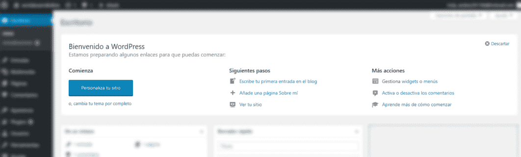 Ventana de bienvenida de wordpress