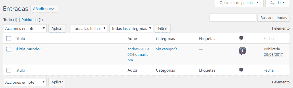 tabla de entradas en wordpress