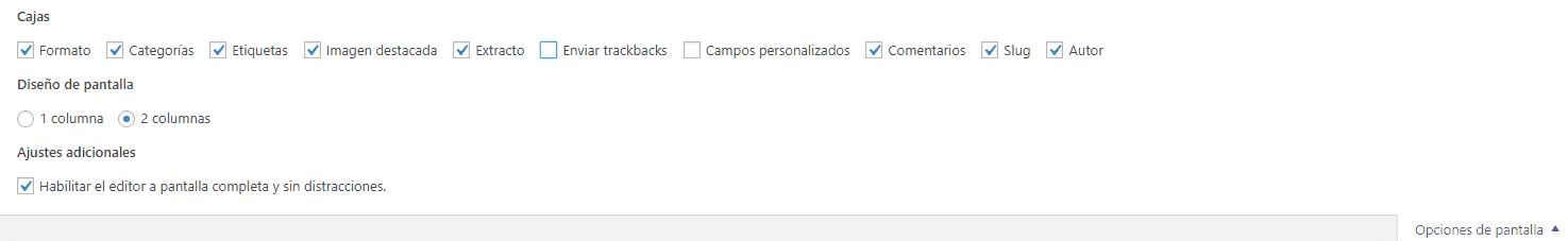 Opciones de pantalla en entrada